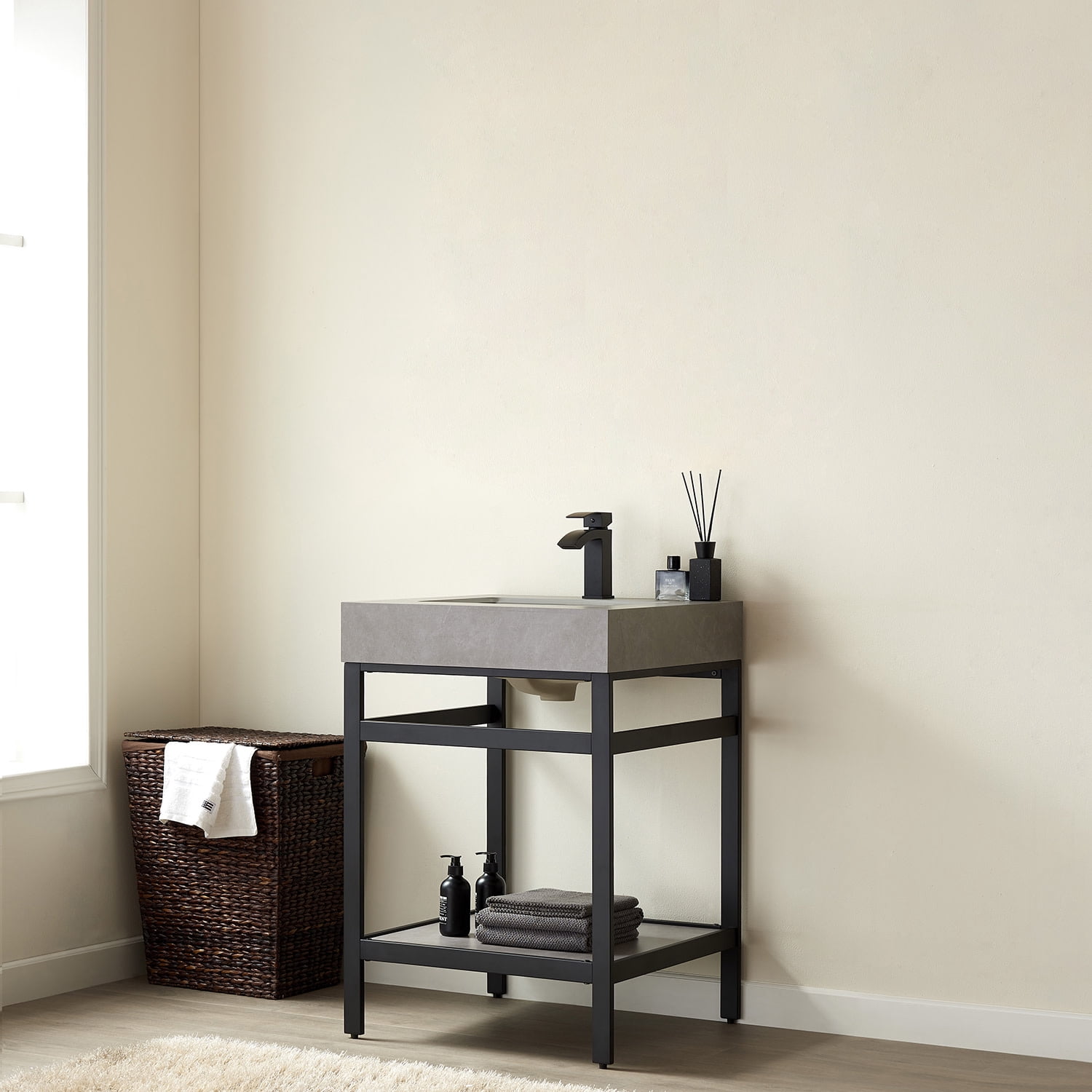 Funes 24" Single Sink Bathroom Vanity in Matte Black Frame White Top No Mirror