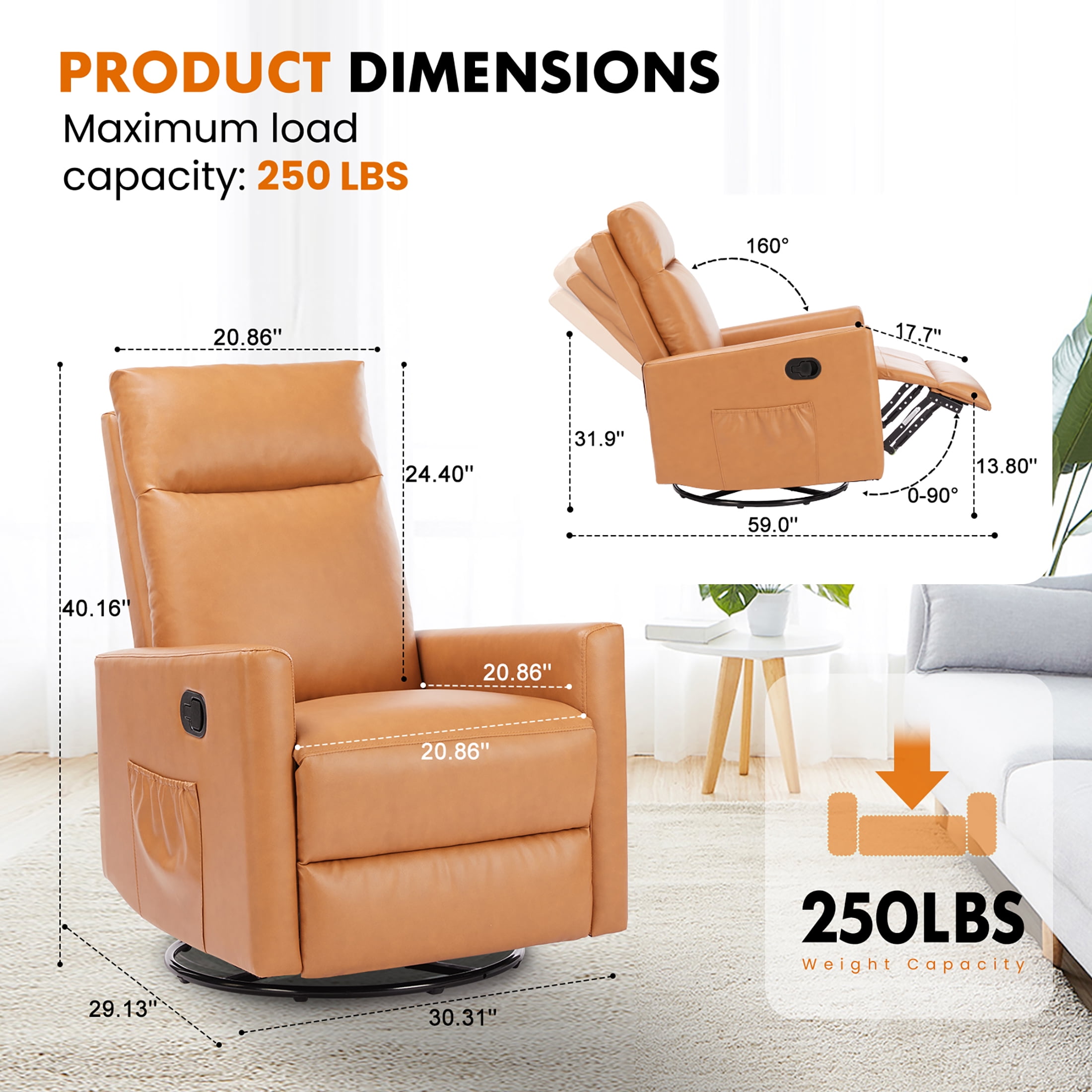edx Swivel Rocking Chair, Sofa Recliner, Adjustable Baby Sliding Chair with Head Support for Living Room, Bedroom, Brown