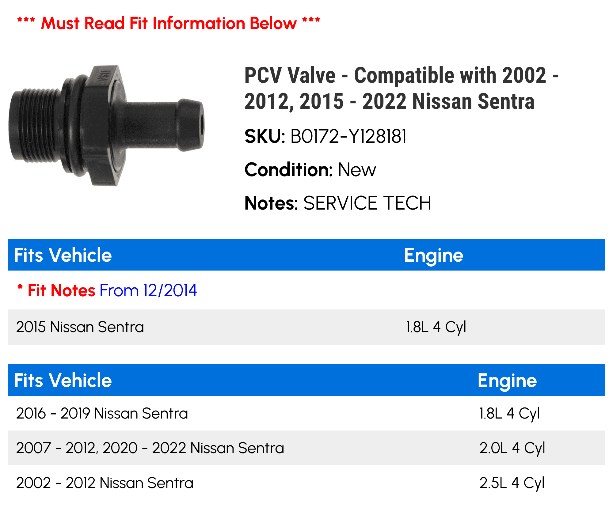 PCV Valve - Compatible with 2002 - 2012, 2015 - 2022 Nissan Sentra 2003 2004 2005 2006 2007 2008 2009 2010 2011 2016 2017 2018 2019 2020 2021