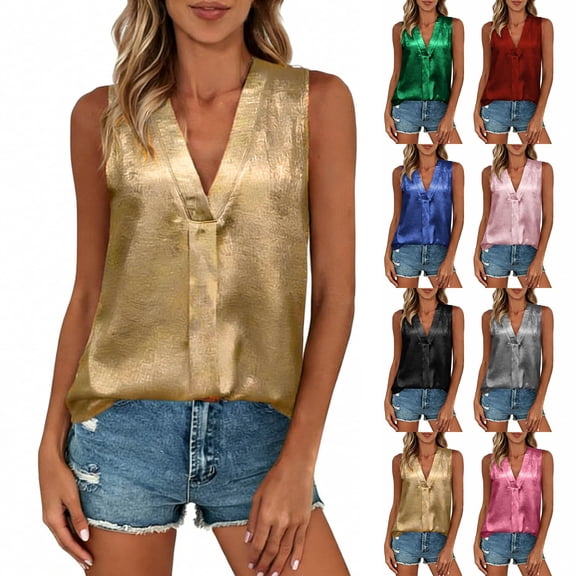 lcziwo Womens Tank Tops Satin Solid Color V Neck Wide Strap Sleeveless Undershirt Summer Glitter Party Prom Undershirt Going Out Tops Hot Pink L