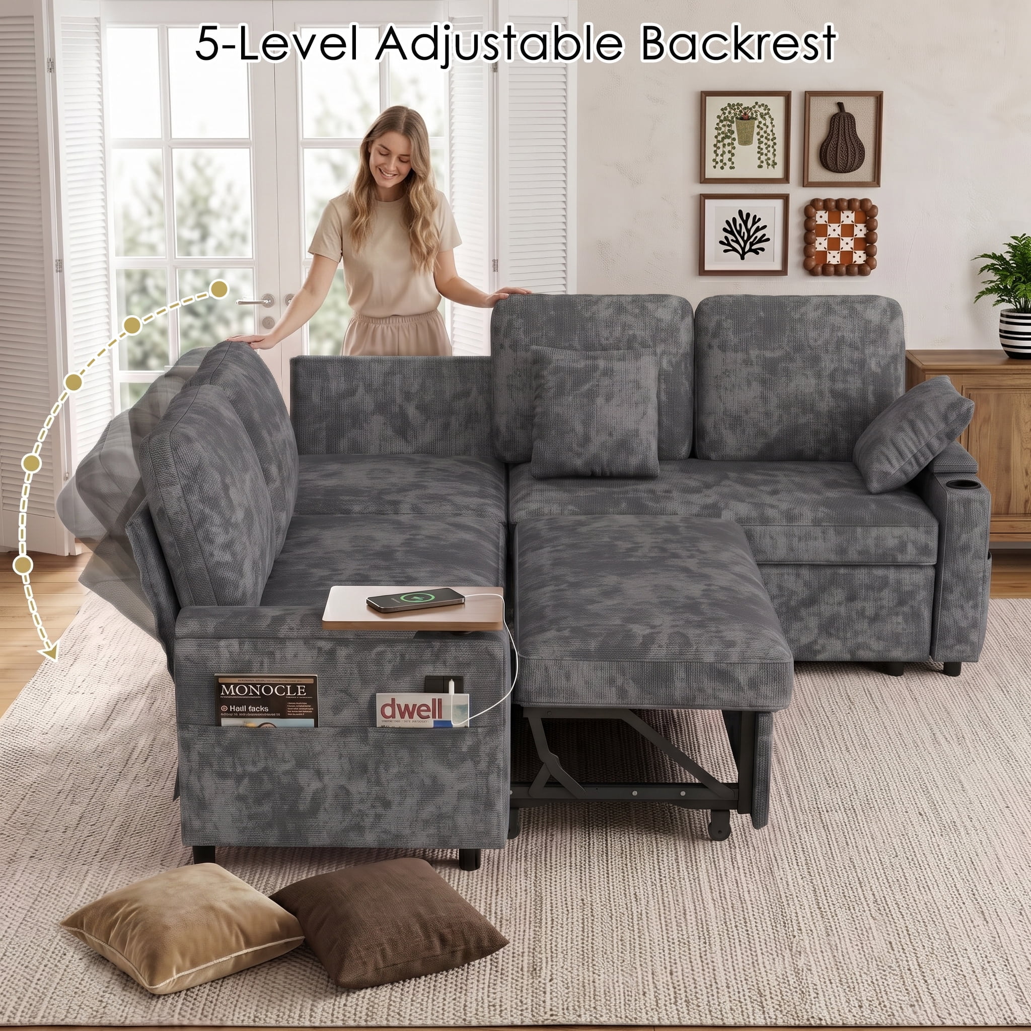 Xiweot 81" Modular Sectional Sleeper Sofa with Pull Out Couch, L Shaped Sofa Bed with Storage, Adjustable Backrest, USB Ports & Small Table, 5 Seaters Chenille Sofa for Living Room (Gray)