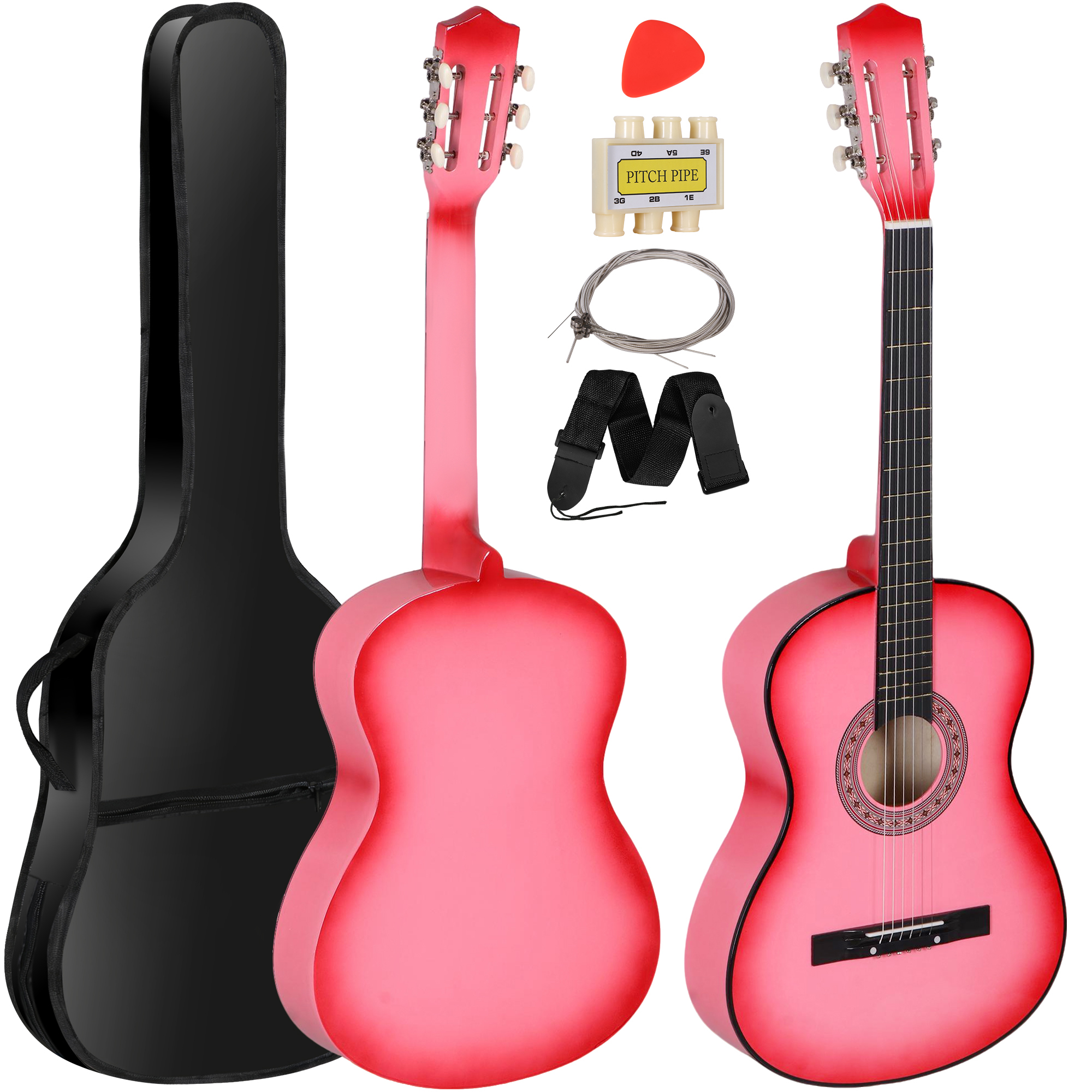 ZenSports 38-in Kids Beginner Acoustic Guitar Starter Kit 6 Strings W/Case, Strap, Tuner, Pick -Pink