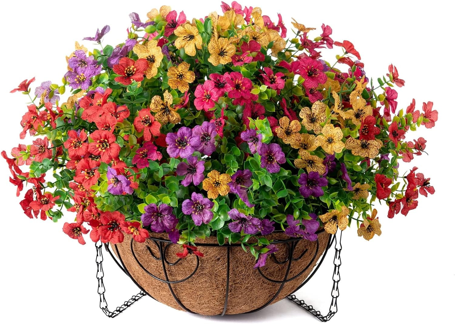 Artificial Faux Hanging Plants Flowers Basket for Summer Outdoor Outside Decoration, Fake Silk UV Sun Resistant Look Real Colorful Daisy Eucalyptus for Porch Home Patio Balcony Yard