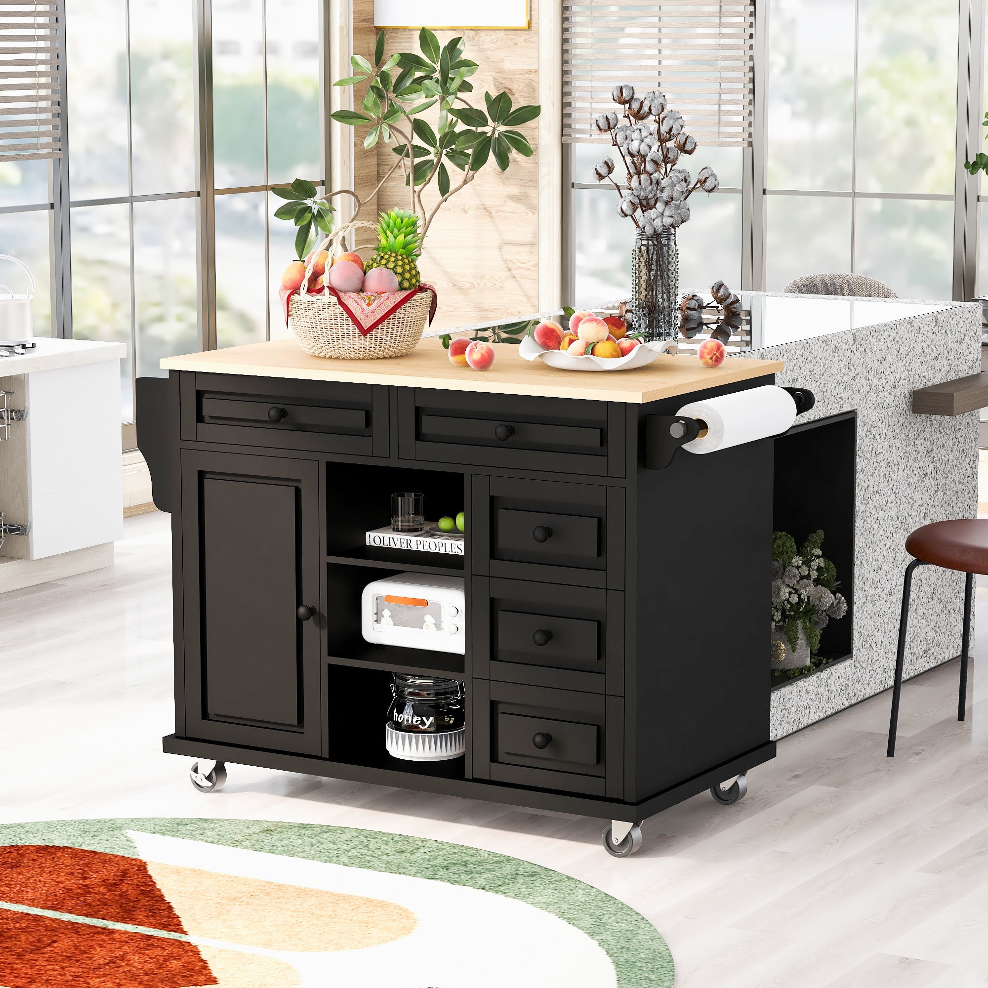 DEALTOPS 53 Inch Kitchen island with Rubber wood desktop rolling mobile kitchen cart with storage and 5 drawers-Black