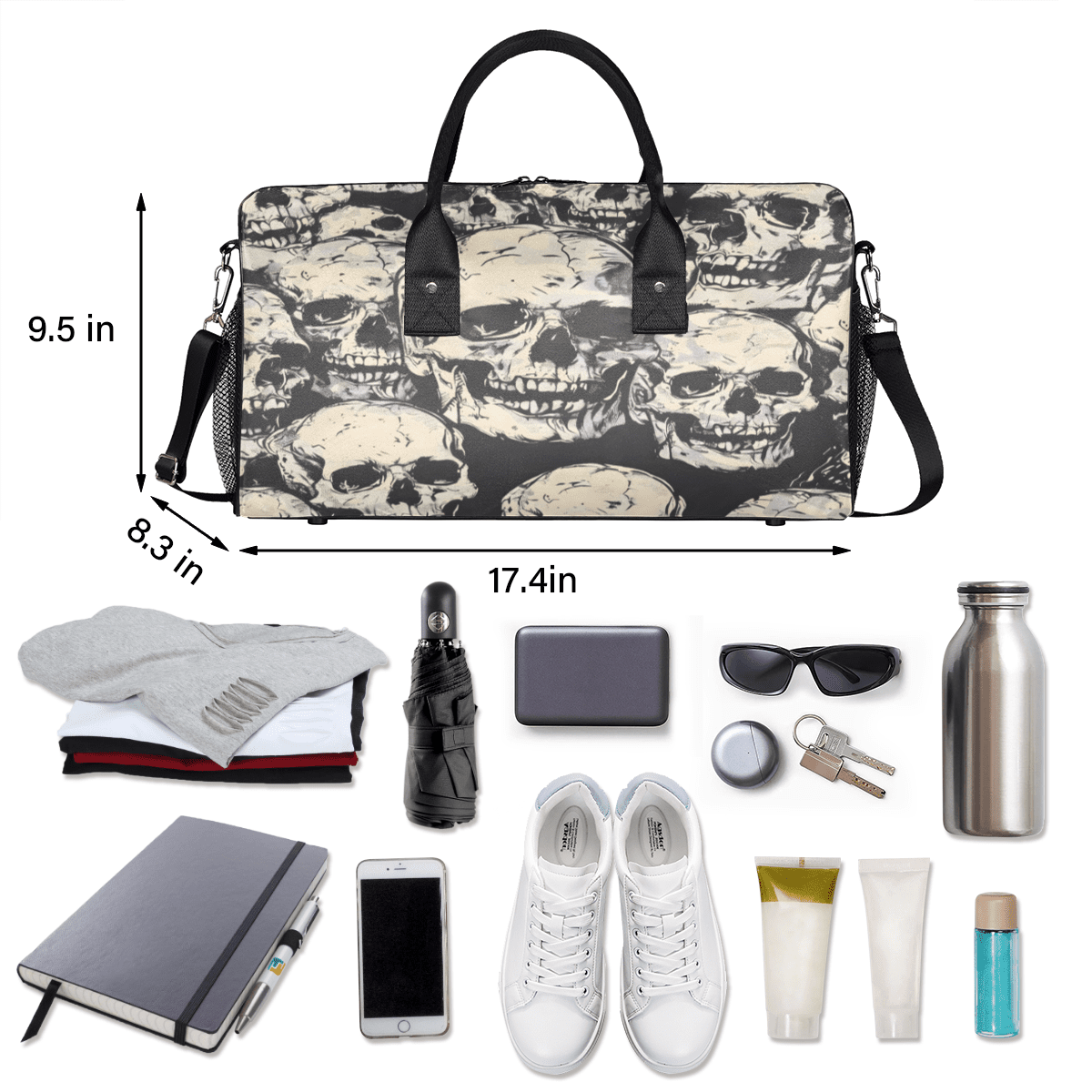 Herdesigns Skeleto Gothothic Skull Gym Duffle Bag for Men Women, Travel Sports Bag Waterproof Lightweight Weekend Carry On Tote