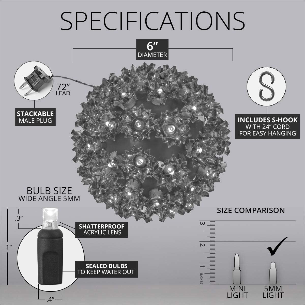 Wintergreen Lighting LED Starlight Sphere, LED Light Ball Sphere Light, Christmas Light Ball, Christmas Decoration (70 Lights, 6", Blue)