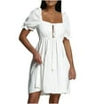 thumbnail image 1 of Robe pour Women Col Carré à Manches Courtes Volant Robe Douce Solide Réglable Laçage Été une Ligne de Mini Robe Swing, 1 of 7