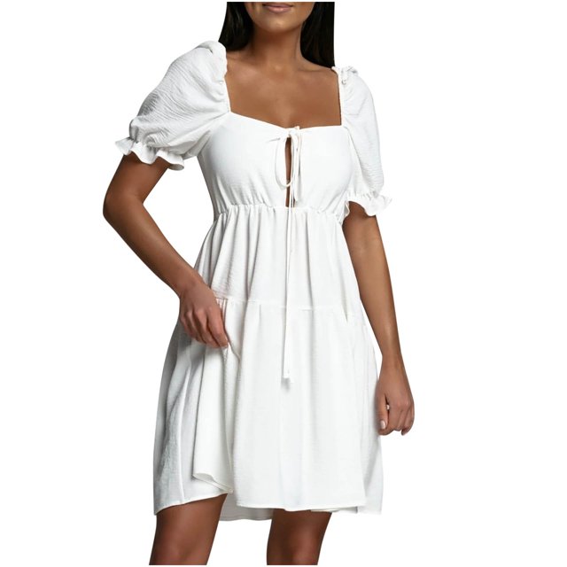 Robe pour Women Col Carré à Manches Courtes Volant Robe Douce Solide Réglable Laçage Été une Ligne de Mini Robe Swing