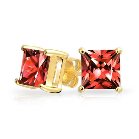 Ruby Simulated Earring (1CT Red Square Cubic Zirconia Brilliant Princess Cut CZ Stud Earrings 14K Gold Plated Sterling Silver Simulated Ruby)