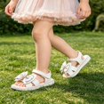 thumbnail image 3 of SGMVNU Girls' Sandals with Big Bowknot, Open Toe Soft Sole Flat Elegant Flower Girl Dress Shoes Beach Summer Casual Sandal, Size 5-6 Years, Beige, 3 of 6
