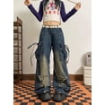 thumbnail image 1 of Pantalones vaqueros de cintura alta con cordones estilo vintage americano para mujer, estilo casual, holgados, rectos, estilo Y2K, con pernera ancha y bolsillos de estilo grunge urbano., 1 of 6