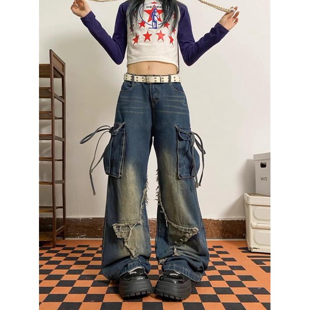 Pantalones vaqueros de cintura alta con cordones estilo vintage americano para mujer, estilo casual, holgados, rectos, estilo Y2K, con pernera ancha y bolsillos de estilo grunge urbano.