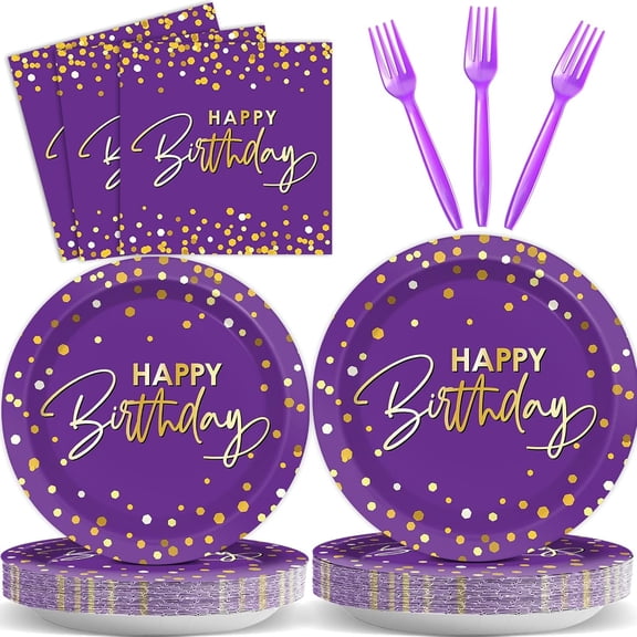 96PCS Purple Gold Party Plates and Napkins - Happy Birthday Party Decorations - Disposable Tableware Set for 24 Guests