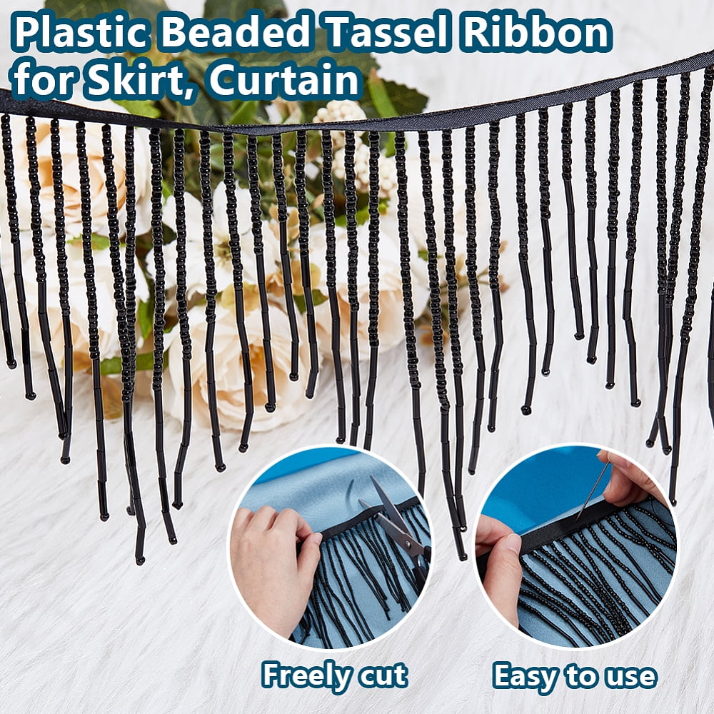 1.8 Yards Glass Beads Fringe Tassel Lace Trim Ribbon Cotton Ribbon Clothing Accessories Black 5-1/2 inch(140mm) DIY