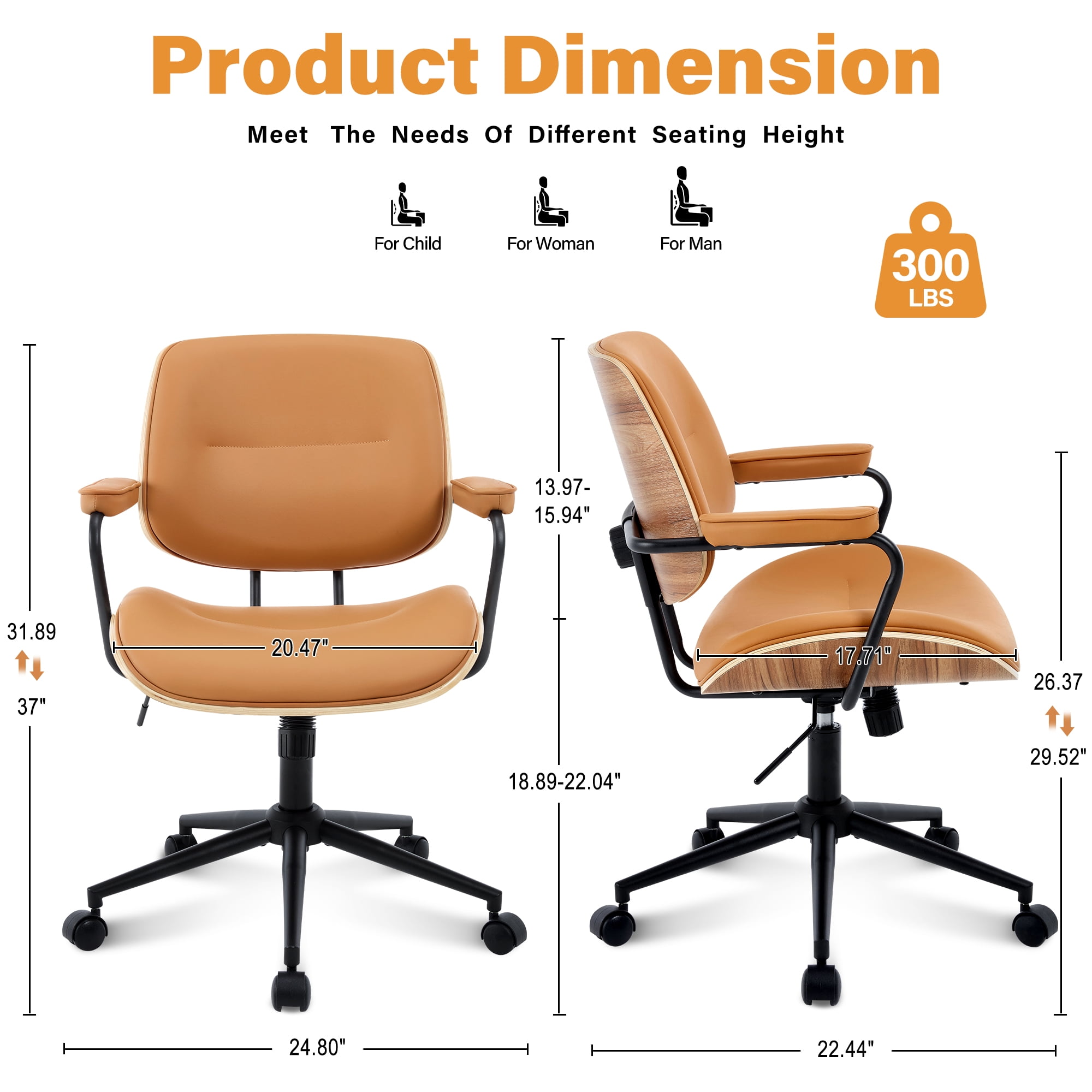 Mid Century Modern Home Office Chair, Adjustable Height Desk Chair with Wheel & Walnut Back, Swivel Rolling Task Chair for Home, Office, Reading Room, Orange