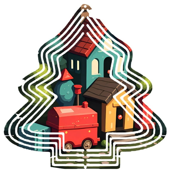 Whimsical Metal Hanging Christmas Tree Wind Spinner - Colorful House & Train Design for Festive Garden Decor