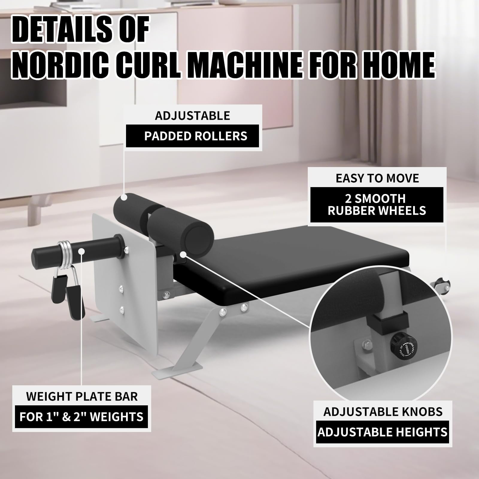 Huisuilinss Nordic Curl Machine,Adjustable Hamstring Curl Bench,Nordic Bench With Wheels,Glute Machine,Home Gym Equipment For Leg Workouts