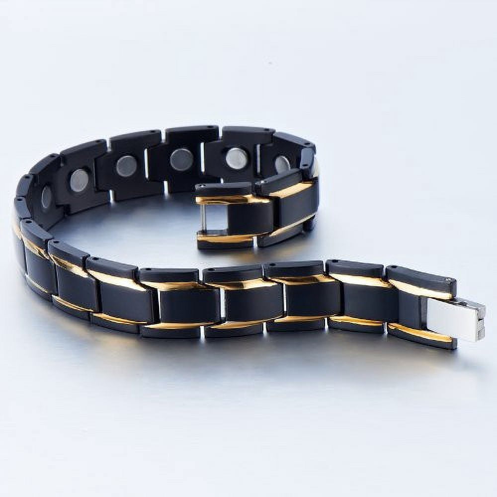 8.5" Mens Magnetic Steel Bracelet. Black with Gold Accent Lines - Fancy Box Included.