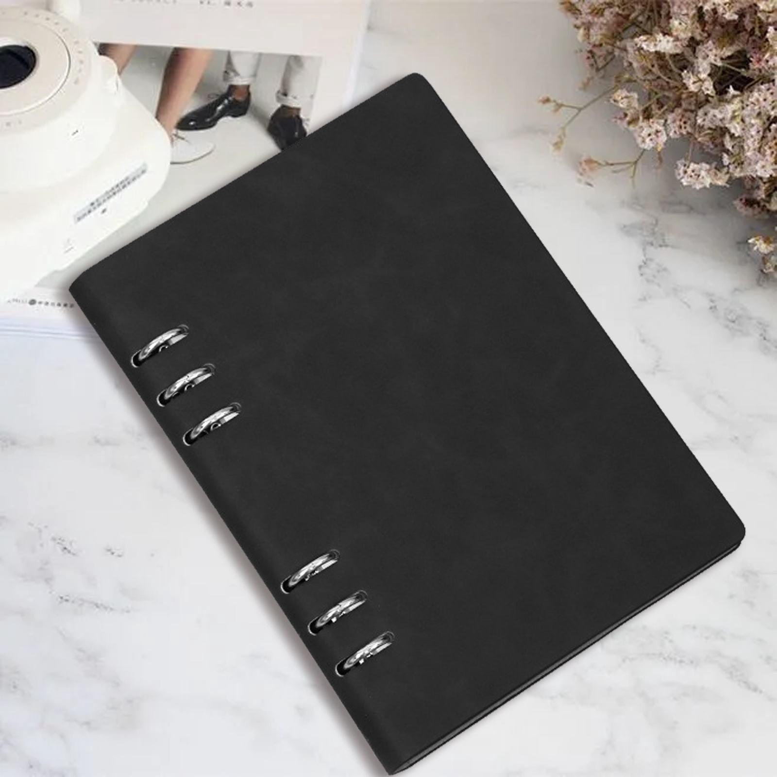 6 Ring Binder Cover, A5 Size Leather Notebook Binder Mini Refillable Loose Leaf Personal Planner with 96Sheets/192Pages Line Paper for Outdoor Travel Diaries, Sketchbooks, 1Pc(Black,9x6.5")