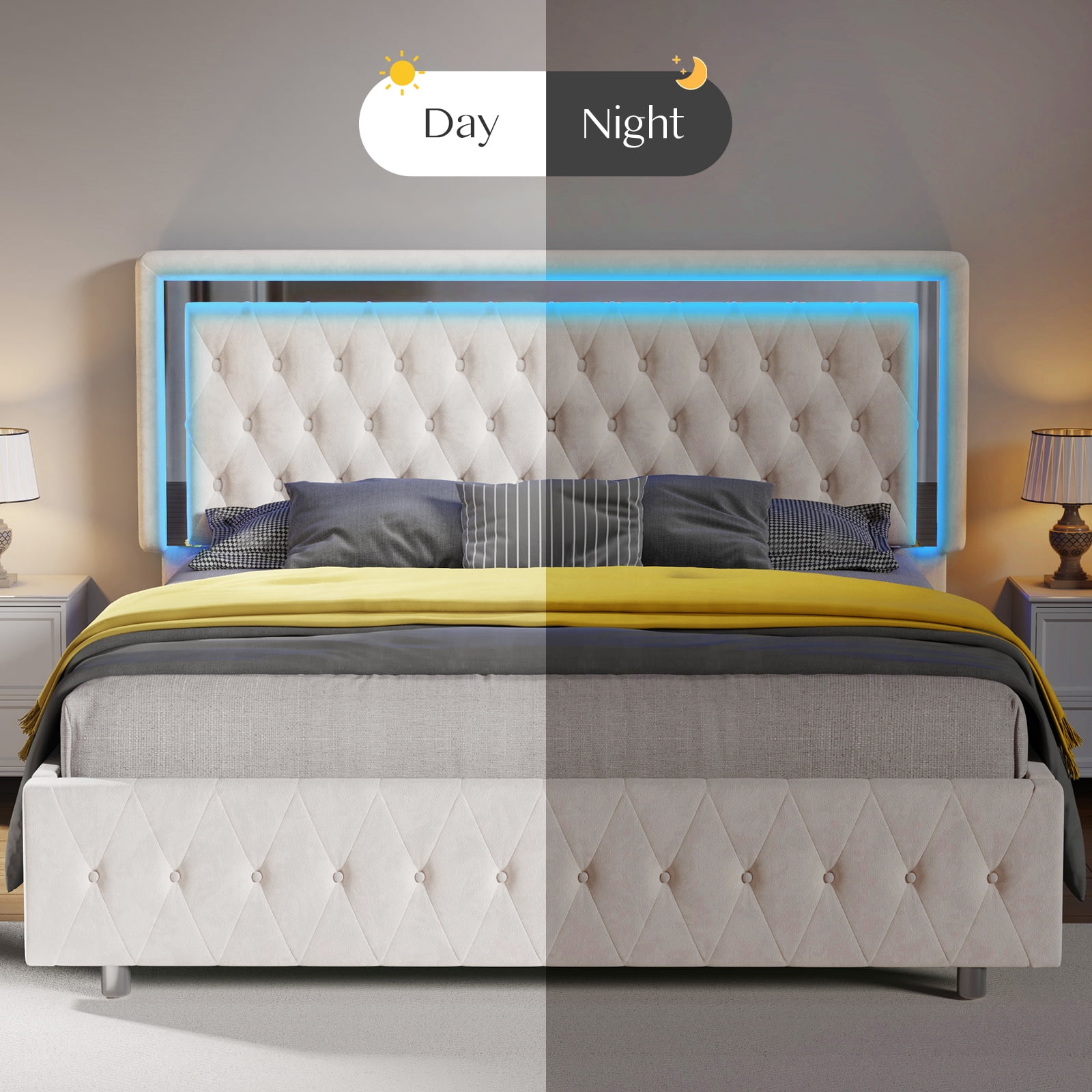 Merluxy Queen Bed Frame with Led Lights Headboard,Acrylic Mirror Accents,No Box Spring Needed,Velvet Cream