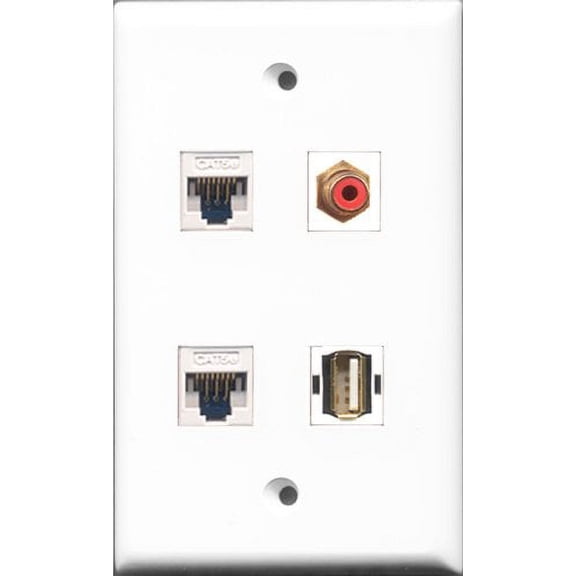 RiteAV 1 Port RCA Red and 1 Port USB A-A 2 Port Cat5e Ethernet White Wall Plate