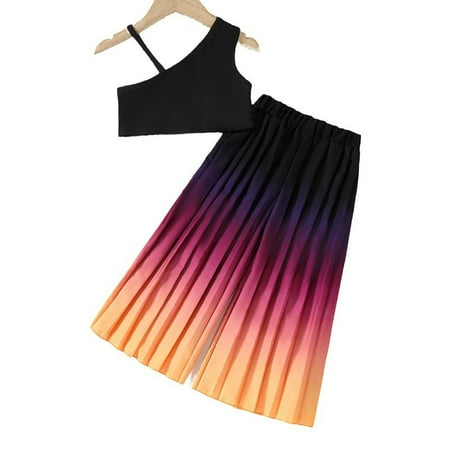 

Bjutir Toddler Girls Outfit Set Kids Summer Solid Color One Shoulder Sleeve Tops Gradient Ramp Printed Pleated Trousers 2Pcs Outfits Clothes Set Childrens Clothing Black 5-6 Years