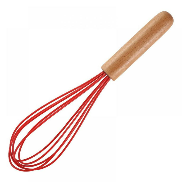 10 Silicone Whisk with Wood Handle - Red Whisk head with Wood Handle -  Whisk for Pancake Batter, Eggs and Egg Whites, Cake Mix, Blending, Gravy  and