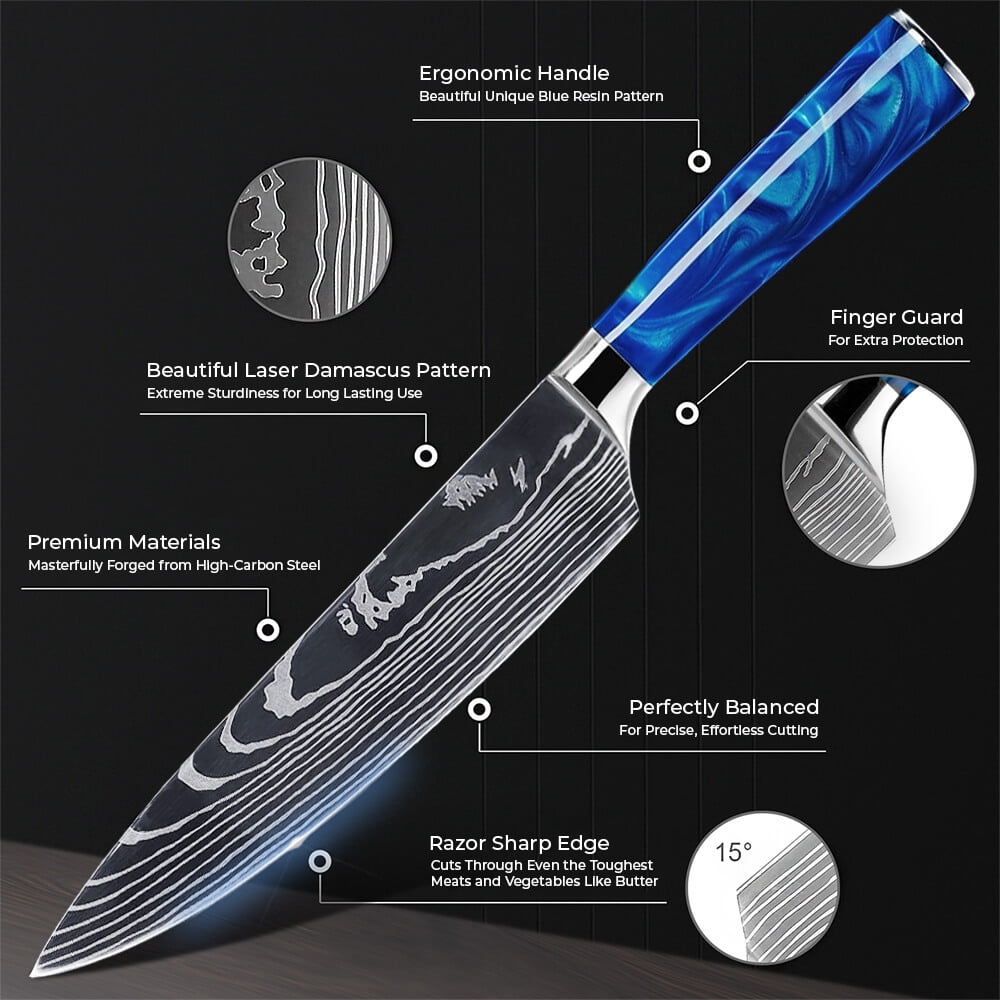 8-piece Premium Japanese Kitchen Knife Set with Blue Resin Handle & Laser Damascus Pattern - Chef's Knife, Paring Knife, Bread Knife & More