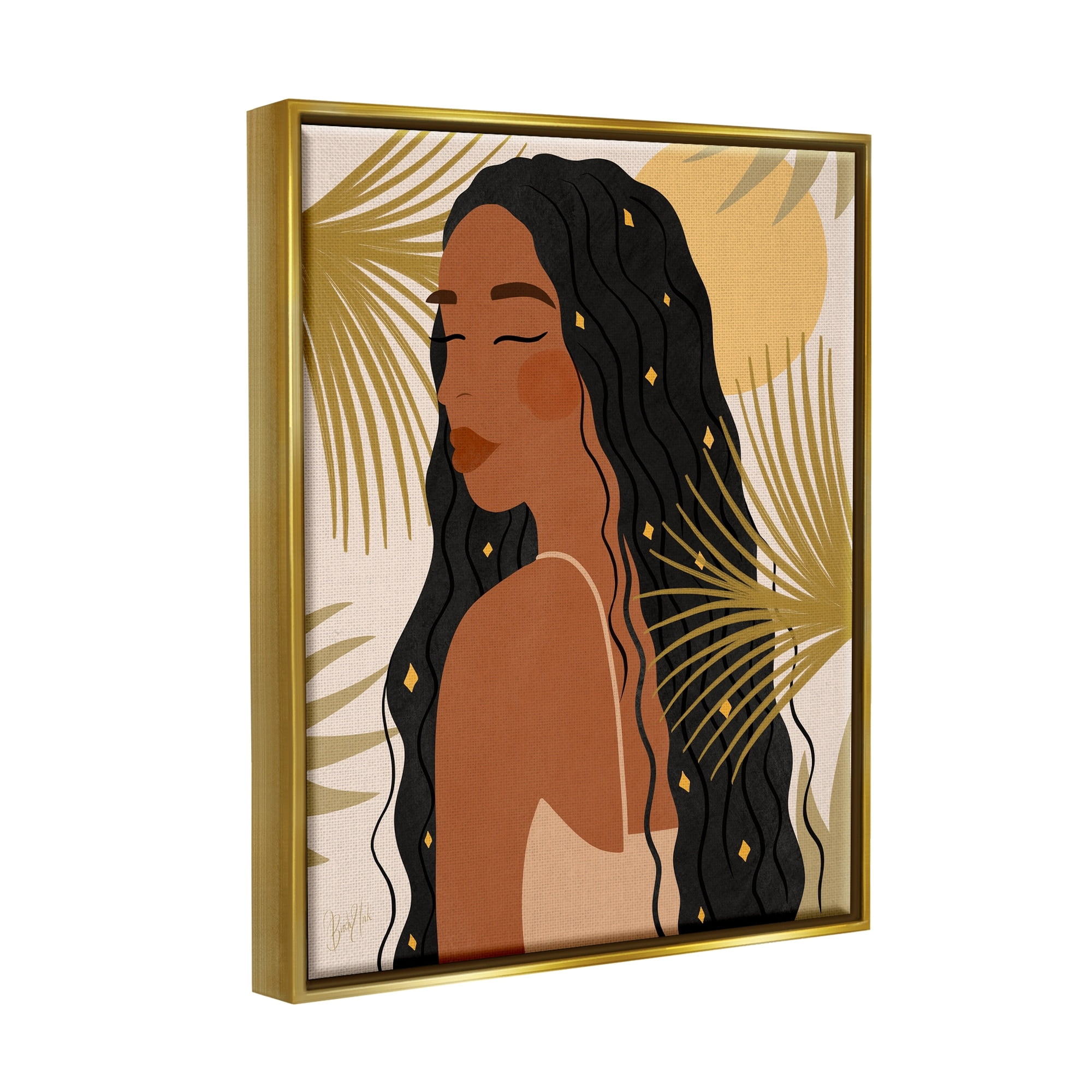 Stupell Industries Desert Plant Leaves Sunlit Starry Haired Woman Graphic Art Metallic Gold Floating Framed Canvas Print Wall Art, Design by Birch&Ink