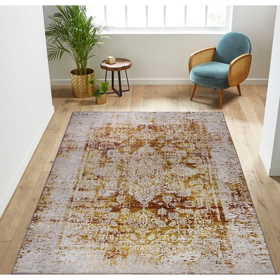 Gloria - Washable Area Rug Low Profile Persian Washable Runners Anti Slip Backing Rugs for Living Room Light Weight Foldable Carpet