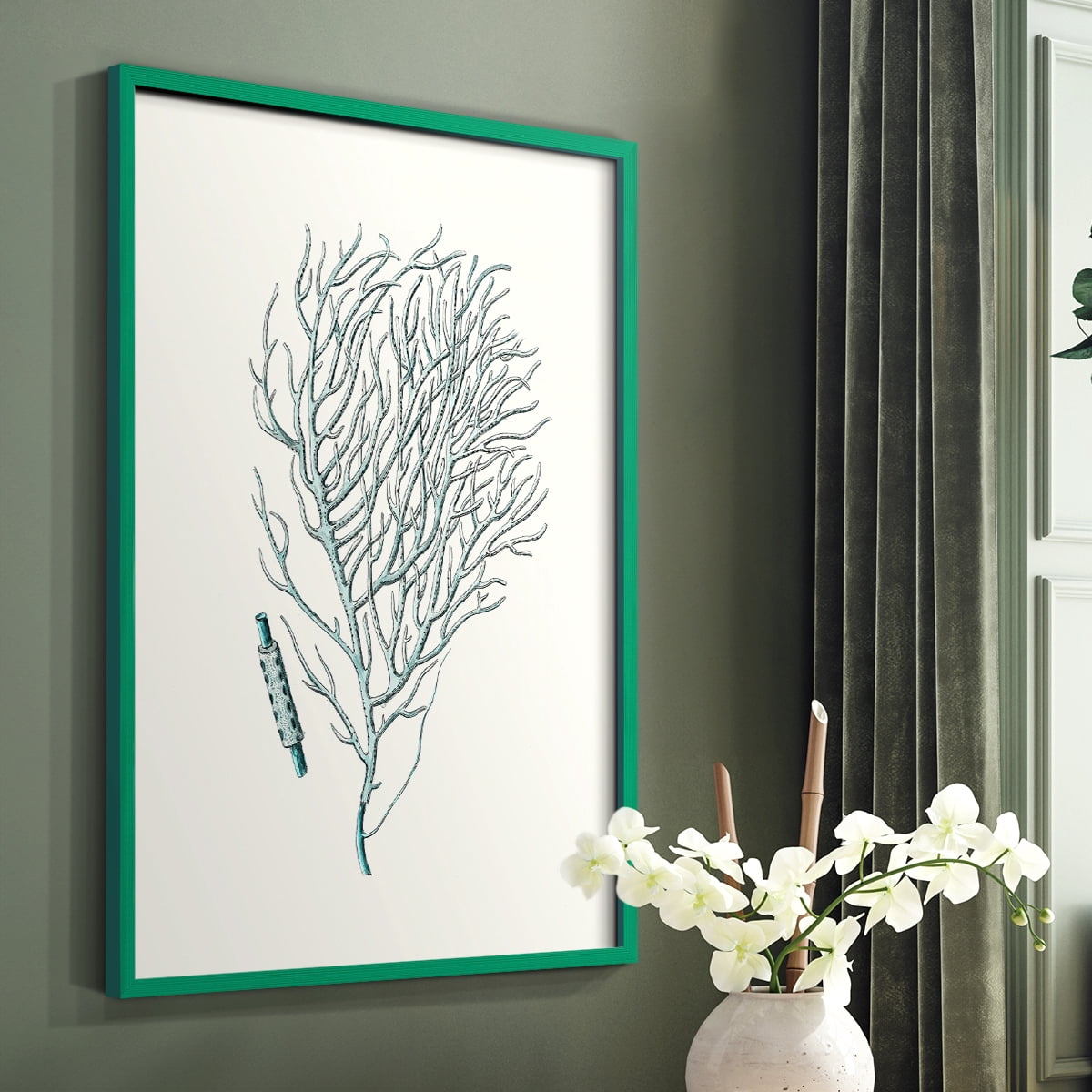 Antique Coastal Coral I Framed Print in Green Solid Wood Framed Print No Nail Hanging