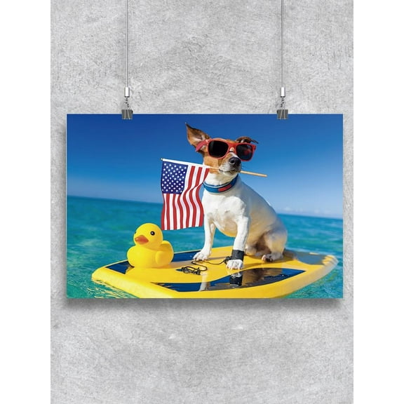 Surfing Dog Holding A Flag Poster -Image by Shutterstock