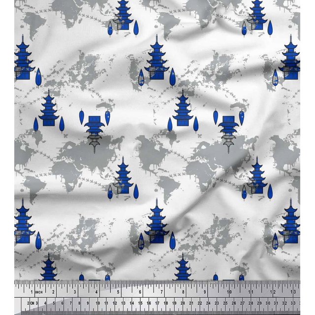Soimoi Blue Silk Fabric Tree & World Map Printed Craft Fabric by the Yard 42 Inch Wide