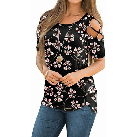 ANYJOIN Womens Summer T Shirts Strappy Short Sleeve Tunic Tops Strappy Cold Shoulder Blouse