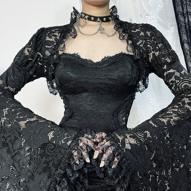 Blusa gotica clasica de encaje para mujer Top corto de malla transparente blusa Sexy de manga acampanada Y2k traje Rave negro para Festival Bodega Aurrera en linea