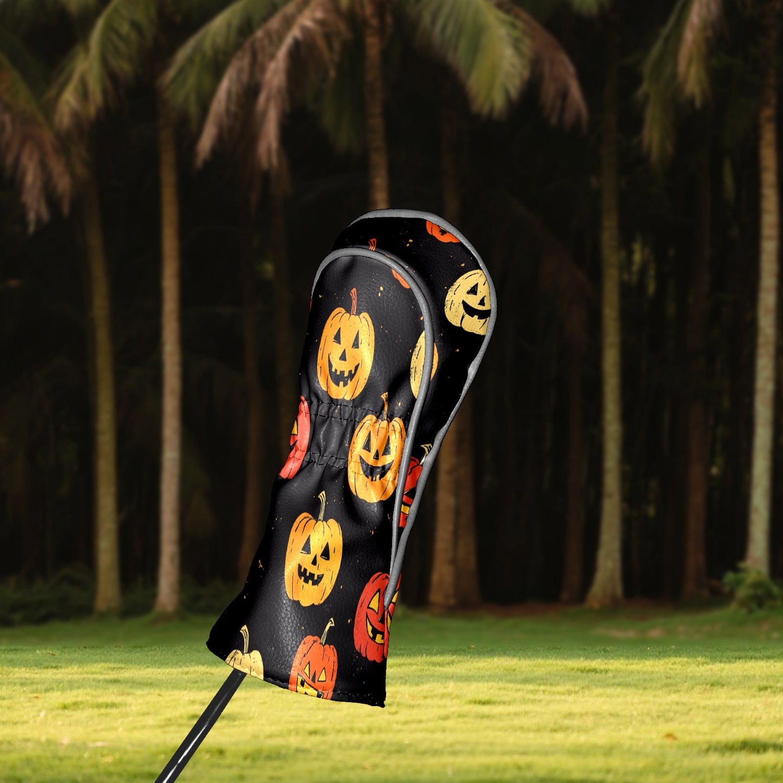 Golf Club Covers PU Leather Waterproof Head Covers for Fairway Woods Hybrids Halloween Pumpkin Pattern Unisex Fits Most Brands