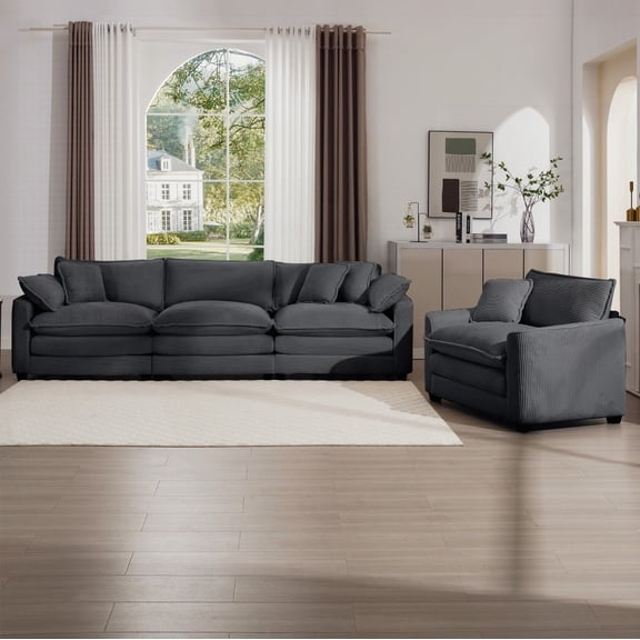 Modern Mid-Century Grey Corduroy Sectional Sofa (3-Seater   1-Single Seater with 2 Arm & 4 Throw Pillows)