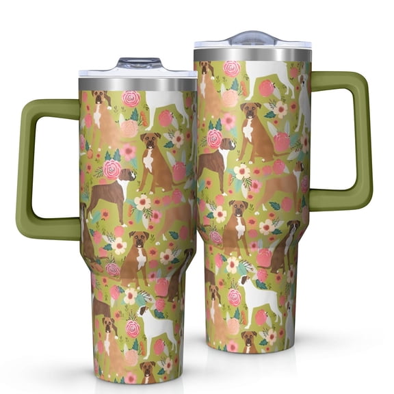 OBREWU Cute Boxer Dog and Flowers Florals Tumbler with Handle and Lid,Cute Boxer Dog and Flowers Florals 40oz Double Wall Vacuum Insulated Tumbler,Cups Gift for Women and Men