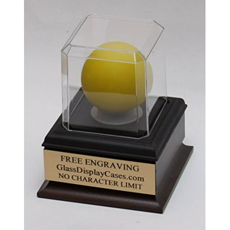Mad Custom Cherry - Lacrosse Ball Personalized Acrylic Display Case with Beveled Edges, Cherry Finish Wood Platform Base and Custom Stand