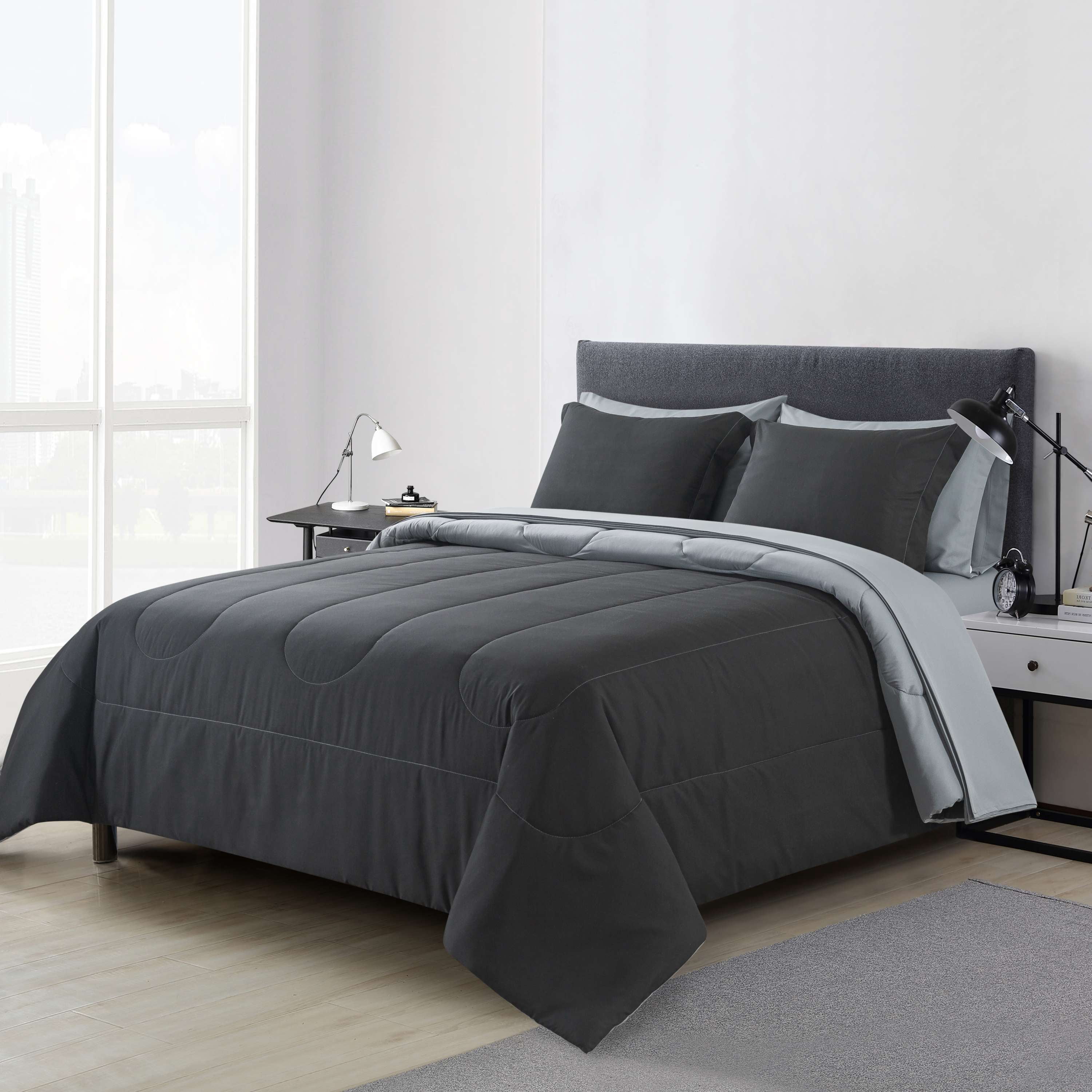 Mainstays 7-Piece Reversible Black Bed in a Bag Comforter Set with Sheets, Queen, Adult, Unisex