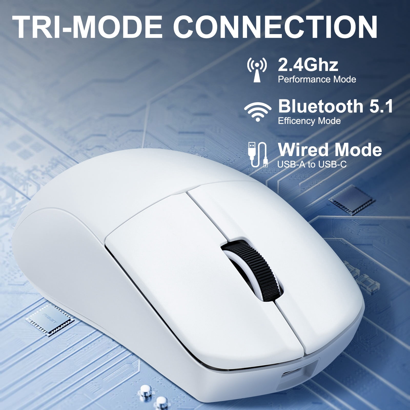 E-YOOSO Wireless Gaming Mouse, 49g Superlight, PAW3395 Sensor 26,000 DPI, 2.4G/Bluetooth 5.1/Wired, 5 Programmable Buttons, 150 Hr Battery, Software Support for PC, Mac, White