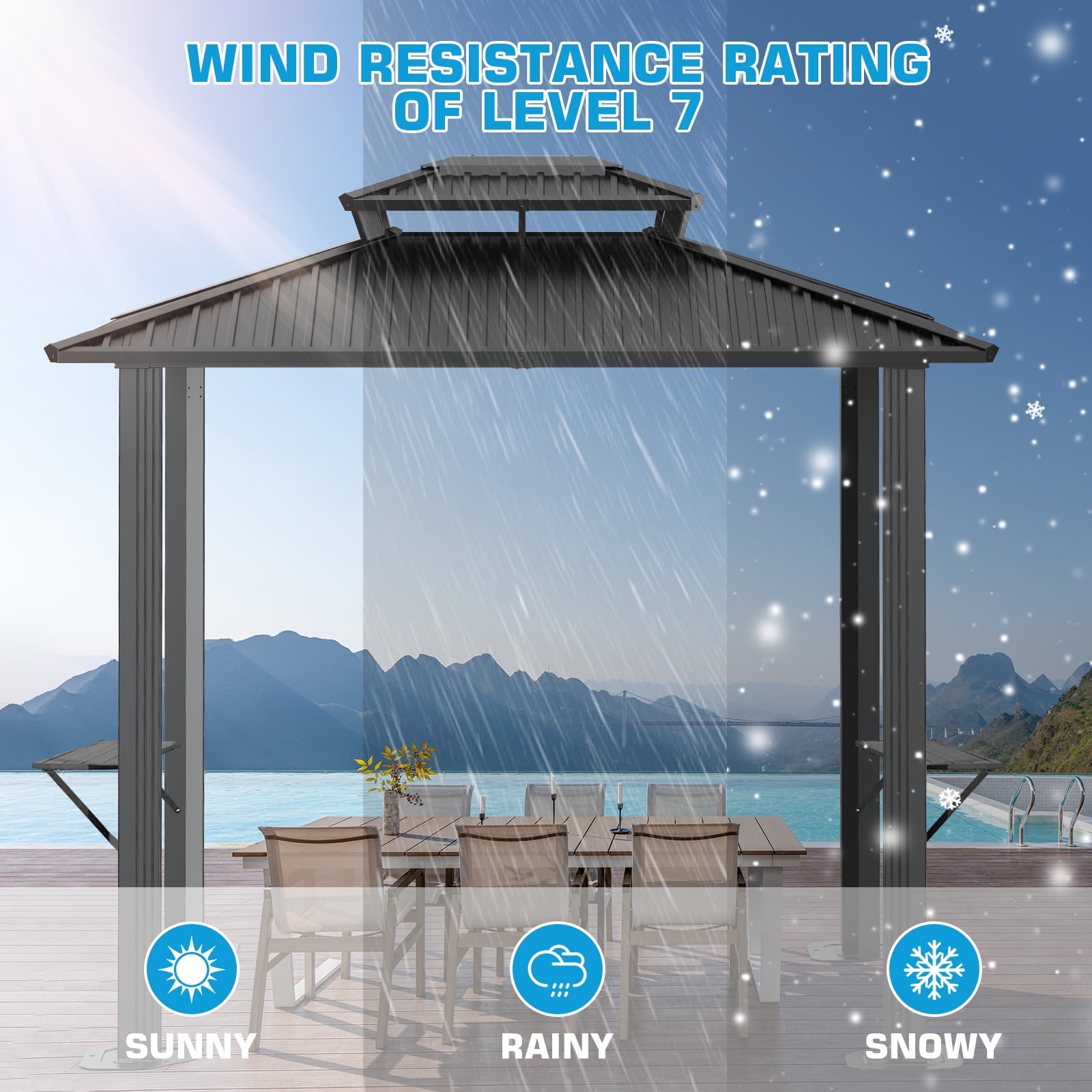 COBIZI 6'x8' Hardtop Grill Gazebo with Vented Double Roof, Galvanized Steel Sun & Rain Shelter, Rust-Resistant Aluminum BBQ Gazebo for Outdoor Cooking, Patio, Backyard (Black)