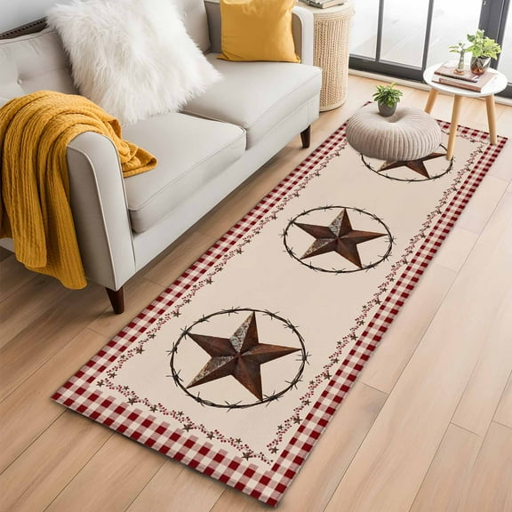 Western Kitchen Runner Rug 2x6 Washable Runners for Hallway Non Slip Texas Star Farmhouse Red Plaid Brown Country Large Area Rug Indoor Floor Carpet for Bathroom Laundry Entryway Bedroom Living Room