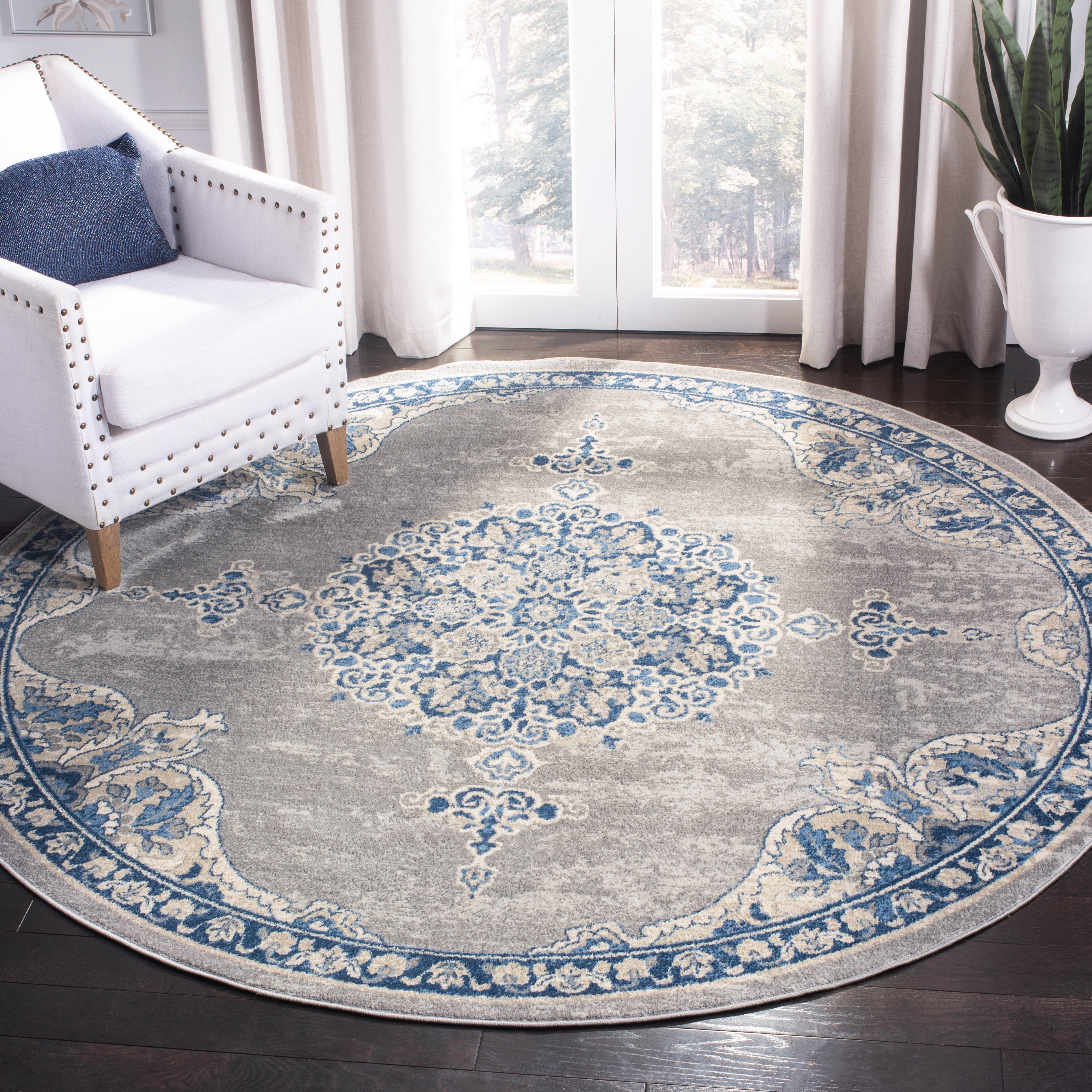 SAFAVIEH Brentwood Cahal Oriental Area Rug, Light Gray/Blue, 9' x 9' Round