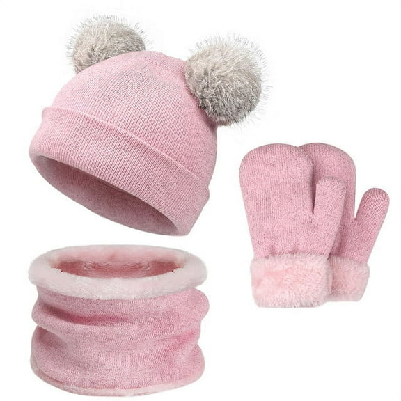 FZ FANTASTIC ZONE Kids Winter Knit Fleece Pompom Beanie Hats and Scarf Gloves Set for Boys Girls,Pink