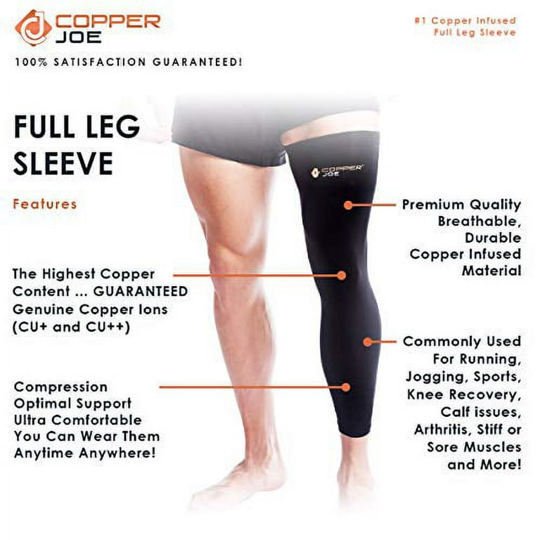 Copper Joe Compression Full Leg Sleeve - Guaranteed Highest Copper Content.  Single Leg Pant- Fit for Men and Women. Support for Knee, Thigh, Calf,  Arthritis, Running and Basketball (Lar 