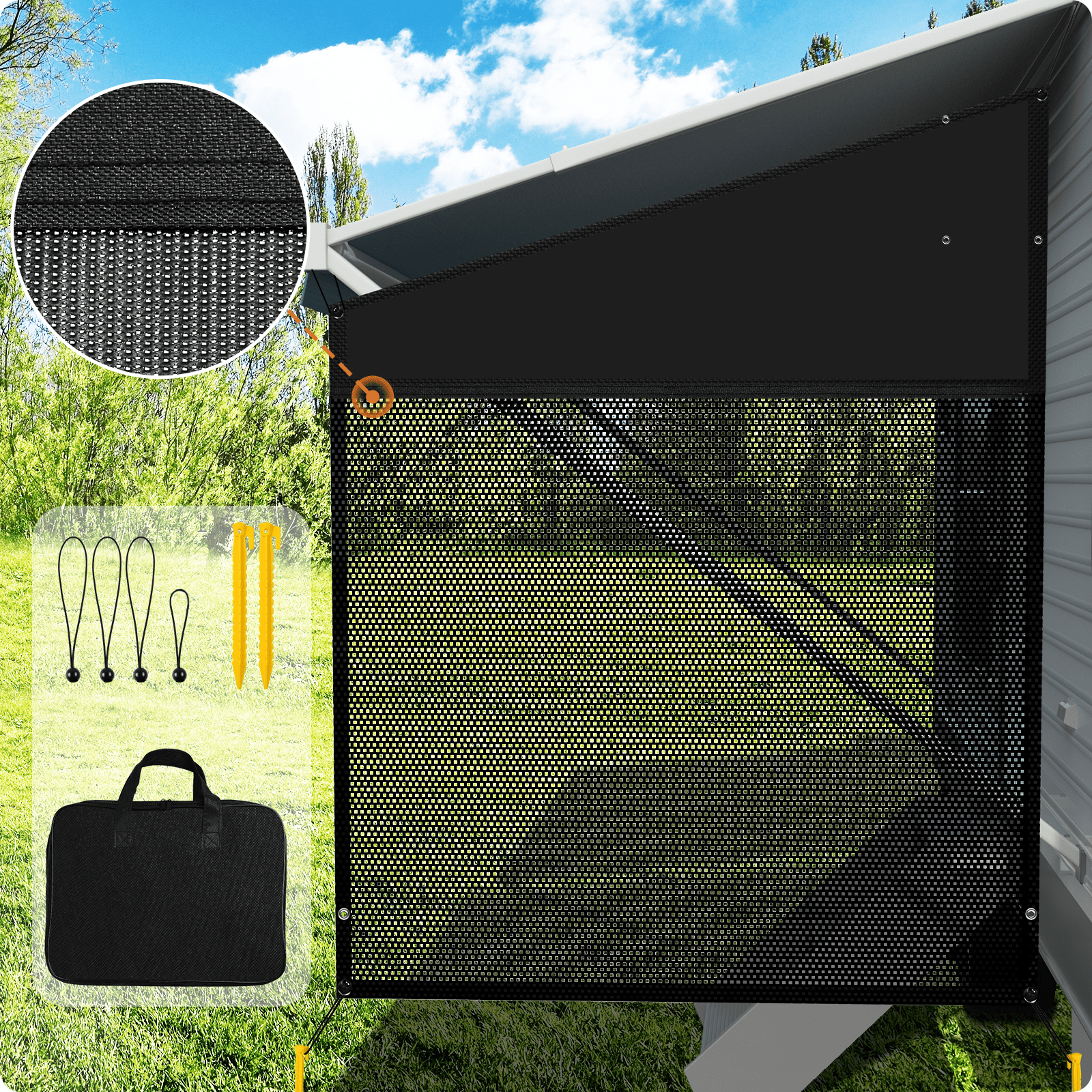 RVMasking RV Awning Sun Shade Screen with Zipper, Black Mesh Camper