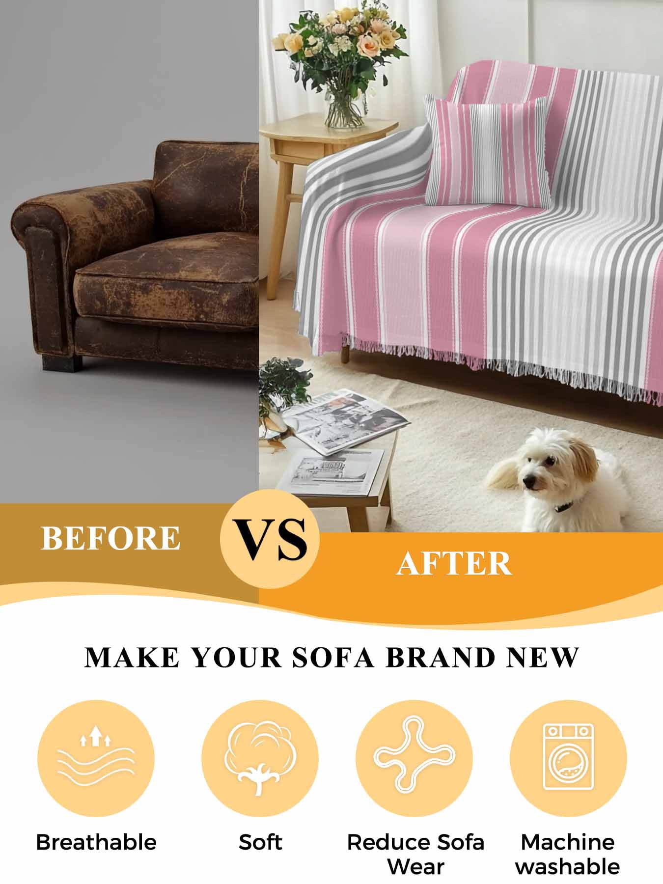 Pink Gray Stripes Couch Cover, Chic Modern Abstract Vertical Lines Sofa Cover Blanket for 2 Seat Cushion,Sectional Sofa Slipcover Furniture Protector for Living Room Bedroom 71''x102''