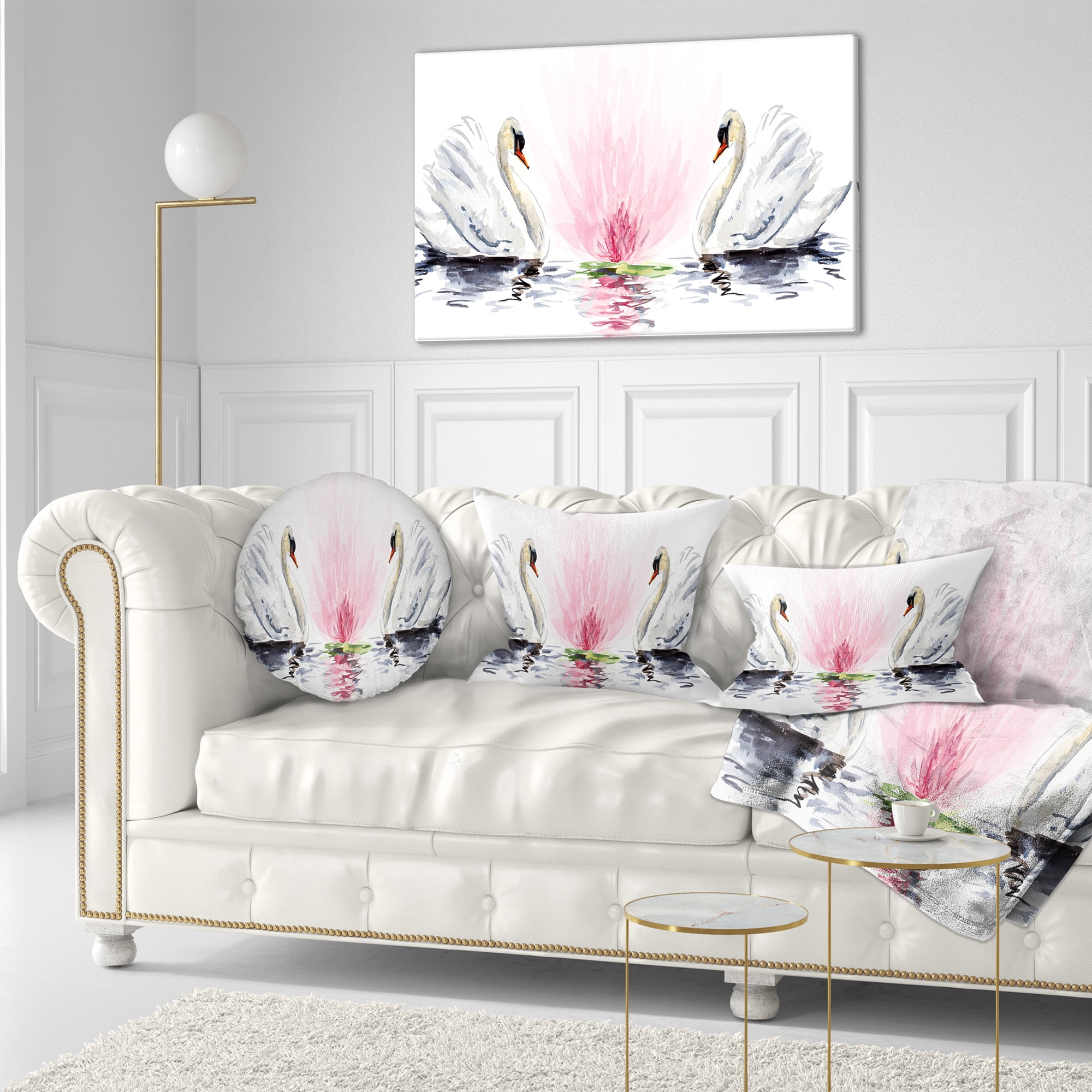 Designart Floating Swans on White Background - Animal Throw Pillow - 12x20