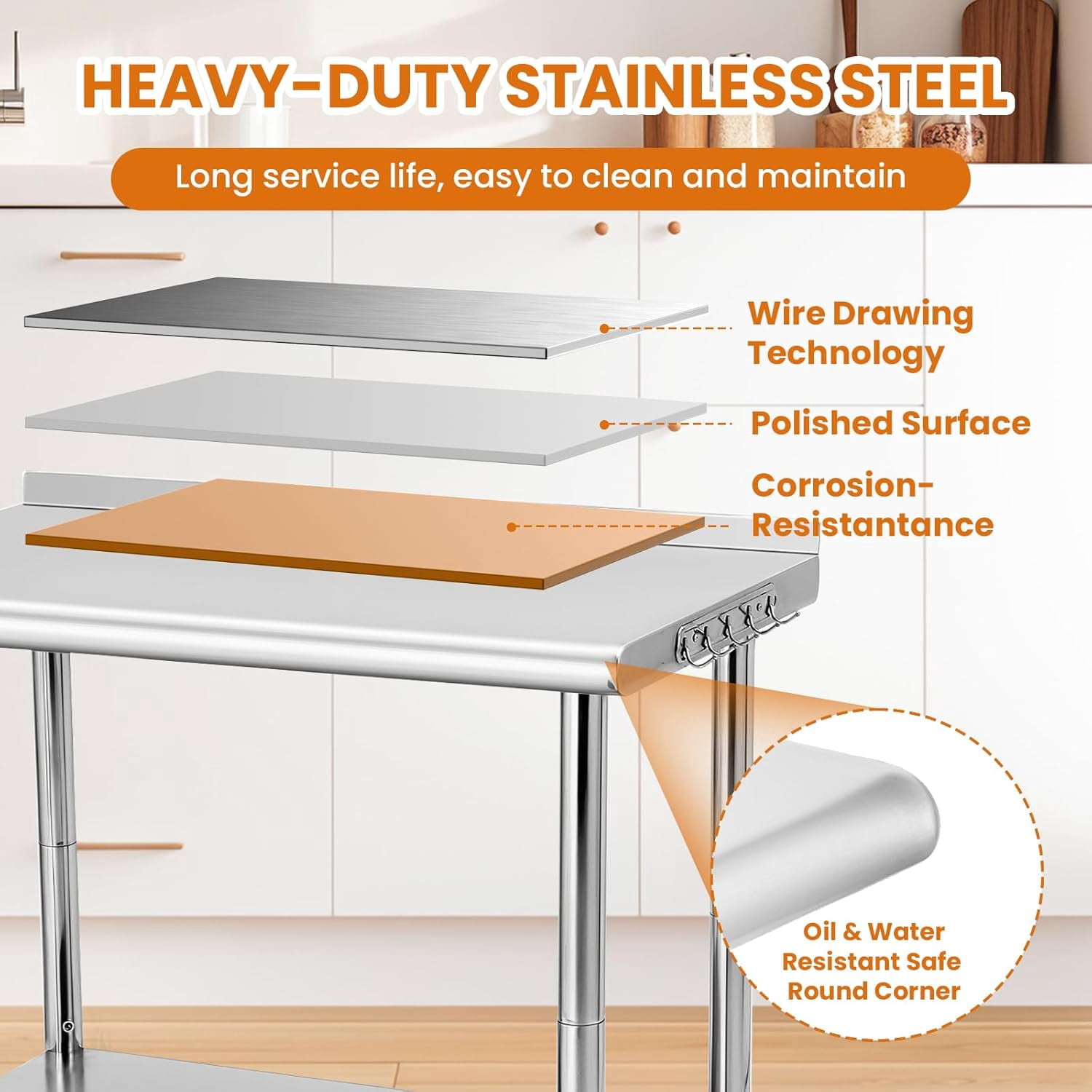 Tuekys Stainless Steel Table with Hooks,Metal Prep Table with Backsplash & Adjustable Undershelf,Curved Edge,Heavy Duty Food Prep Worktable for Home